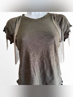 Free People grey Short Sleeve Tee with Silver Chain Fringe Shoulders